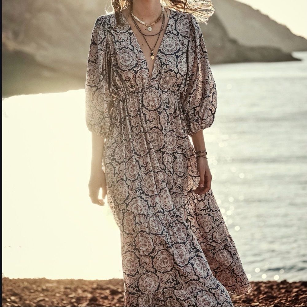 NWT Mango x Chufy Soller Boho Maxi Tiered Dress Puff Sleeve Tassel Blue Red 4 - Picture 2 of 16